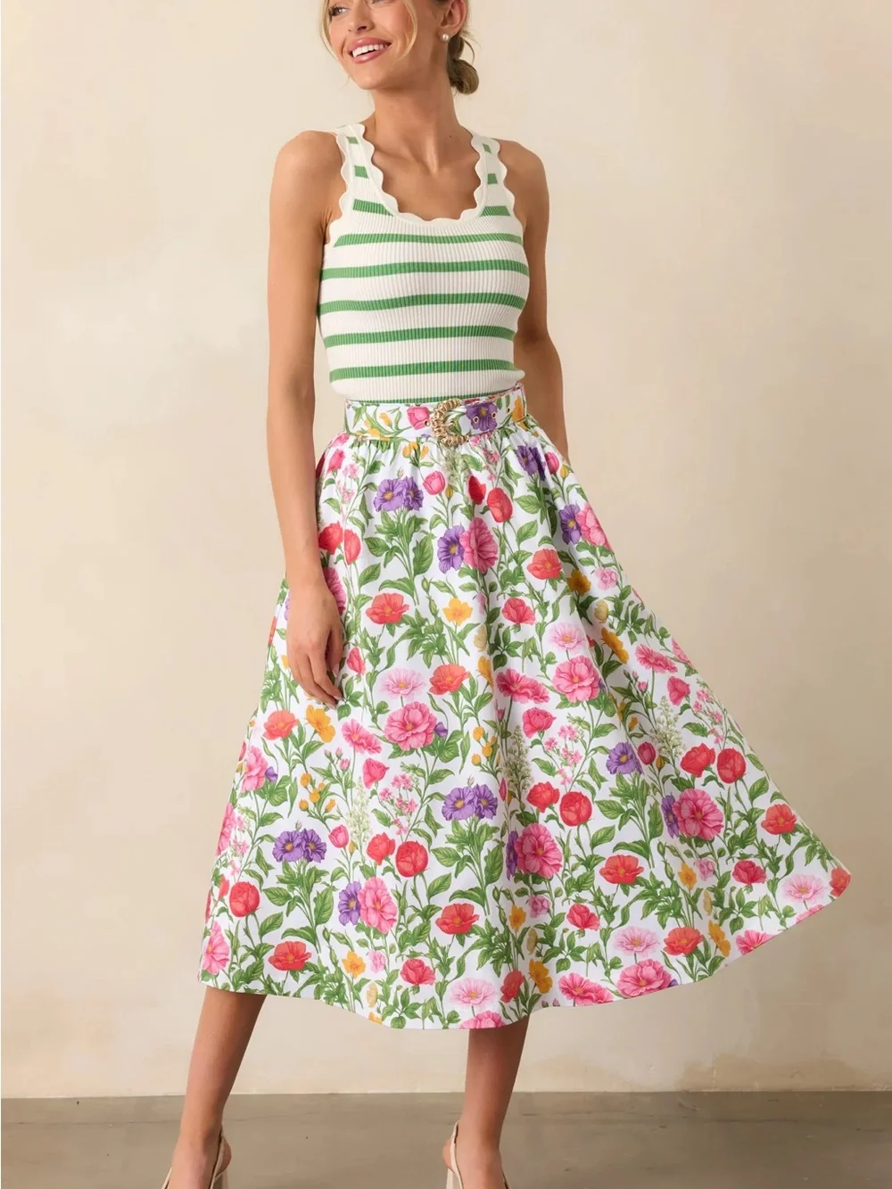 Prosperina | Thena Secret Garden Floral Cotton Belted Midi Skirt $158 Medium